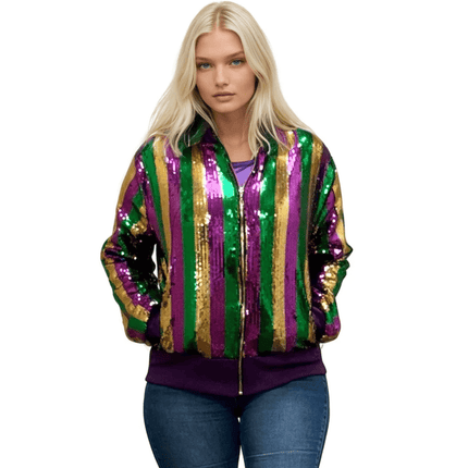 Adult Mardi Gras Sequin Striped Bomber Jacket - Mardi Gras Apparel - Adult, Gold, Green - Sequin Jacket