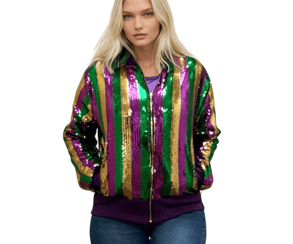 Adult Mardi Gras Sequin Striped Bomber Jacket - Mardi Gras Adult Mardi Gras Sequin Striped Bomber Jacket - Mardi Gras
