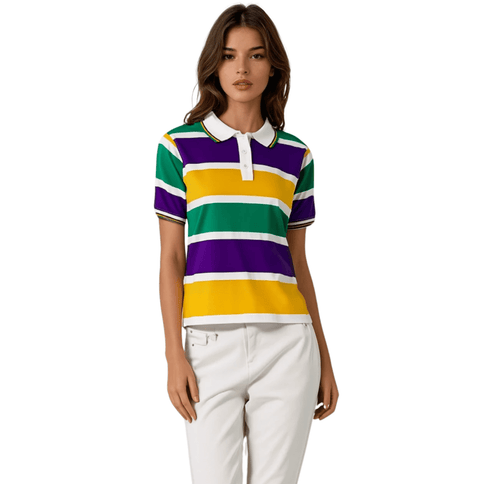 Adult Mardi Gras Striped Panel Short Sleeve Polo T-shirt - Bold Stripe - Mardi Gras Apparel - Adult Unisex, Button Up, Collared - Rugby Polo