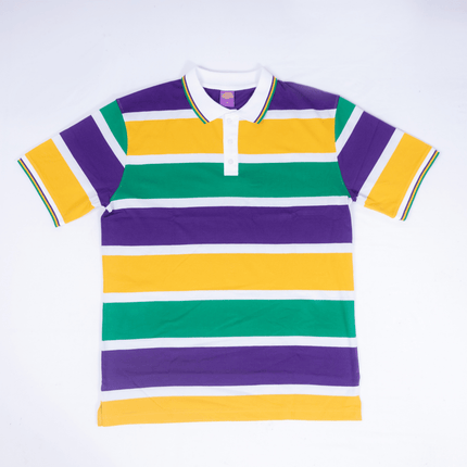 Adult Mardi Gras Striped Panel Short Sleeve Polo T-shirt - Bold Stripe - Mardi Gras Apparel - Adult Unisex, Button Up, Collared - Rugby Polo