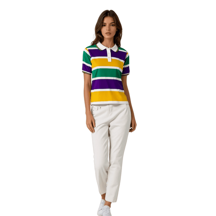 Adult Mardi Gras Striped Panel Short Sleeve Polo T-shirt - Bold Stripe - Mardi Gras Apparel - Adult Unisex, Button Up, Collared - Rugby Polo