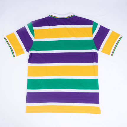 Adult Mardi Gras Striped Panel Short Sleeve Polo T-shirt - Bold Stripe - Mardi Gras Apparel - Adult Unisex, Button Up, Collared - Rugby Polo