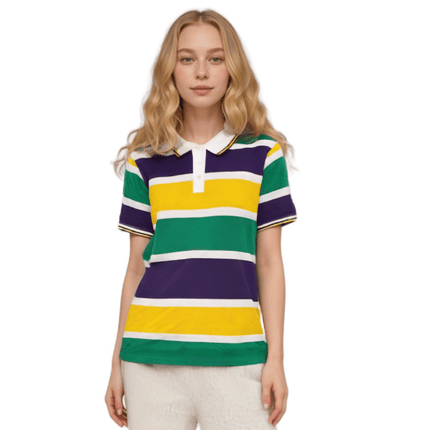 Adult Mardi Gras Striped Panel Short Sleeve Polo T-shirt - Bold Stripe - Mardi Gras Apparel - Adult Unisex, Button Up, Collared - Rugby Polo