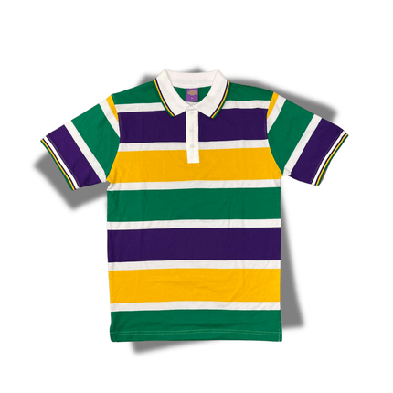 Adult Mardi Gras Striped Panel Short Sleeve Polo T-shirt - Bold Stripe - Mardi Gras Apparel - Adult Unisex, Button Up, Collared - Rugby Polo