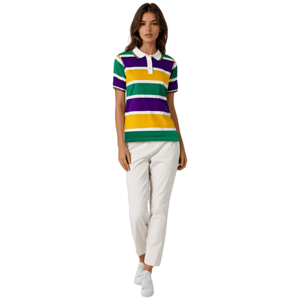 Adult Mardi Gras Striped Panel Short Sleeve Polo T-shirt - Bold Stripe - Mardi Gras Apparel - Adult Unisex, Button Up, Collared - Rugby Polo