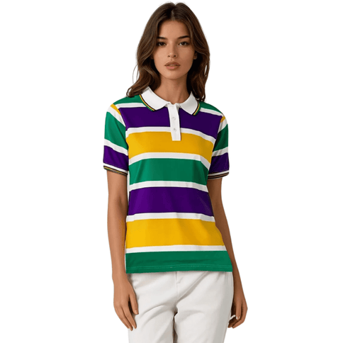 Adult Mardi Gras Striped Panel Short Sleeve Polo T-shirt - Bold Stripe - Mardi Gras Apparel - Adult Unisex, Button Up, Collared - Rugby Polo