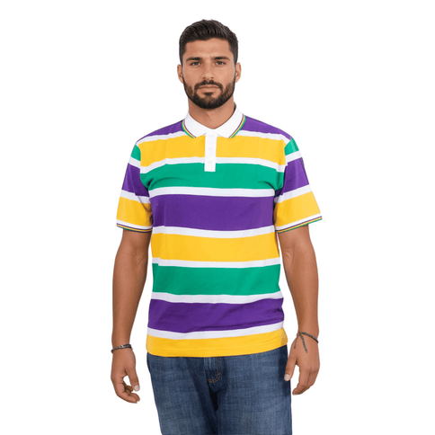 Adult Mardi Gras Striped Panel Short Sleeve Polo T-shirt - Bold Stripe - Mardi Gras Apparel - Adult Unisex, Button Up, Collared - Rugby Polo