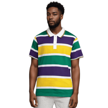 Adult Mardi Gras Striped Panel Short Sleeve Polo T-shirt - Bold Stripe - Mardi Gras Apparel - Adult Unisex, Button Up, Collared - Rugby Polo