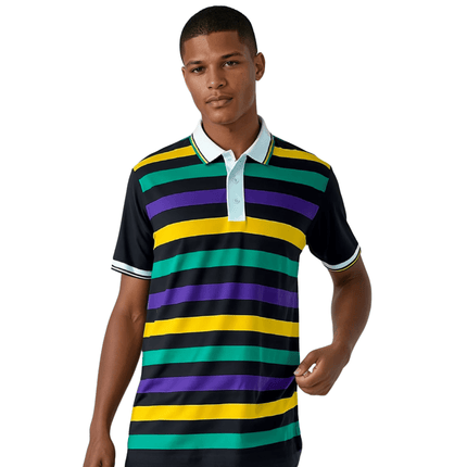 Adult Mardi Gras Striped Panel Short Sleeve Polo T-shirt - Fine Stripe - Mardi Gras Apparel - Adult Unisex, Button Up, Collared - Rugby Polo