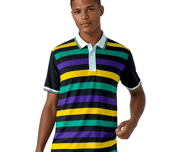 Adult Mardi Gras Striped Panel Short Sleeve Polo T-shirt - Fine