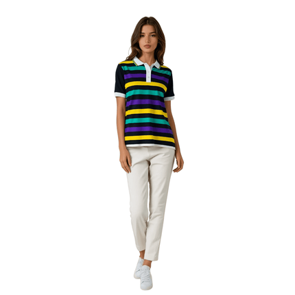 Adult Mardi Gras Striped Panel Short Sleeve Polo T-shirt - Fine Stripe - Mardi Gras Apparel - Adult Unisex, Button Up, Collared - Rugby Polo