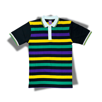 Adult Mardi Gras Striped Panel Short Sleeve Polo T-shirt - Fine Stripe - Mardi Gras Apparel - Adult Unisex, Button Up, Collared - Rugby Polo