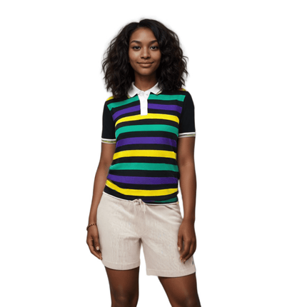 Adult Mardi Gras Striped Panel Short Sleeve Polo T-shirt - Fine Stripe - Mardi Gras Apparel - Adult Unisex, Button Up, Collared - Rugby Polo