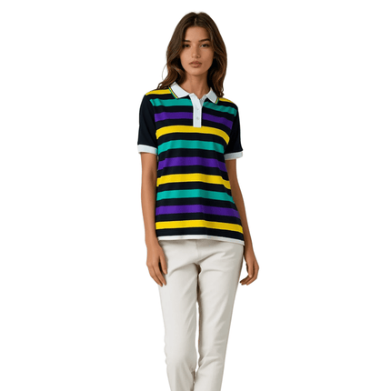 Adult Mardi Gras Striped Panel Short Sleeve Polo T-shirt - Fine Stripe - Mardi Gras Apparel - Adult Unisex, Button Up, Collared - Rugby Polo