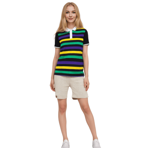 Adult Mardi Gras Striped Panel Short Sleeve Polo T-shirt - Fine Stripe - Mardi Gras Apparel - Adult Unisex, Button Up, Collared - Rugby Polo