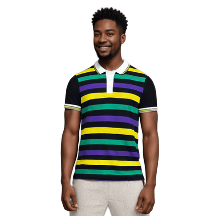 Adult Mardi Gras Striped Panel Short Sleeve Polo T-shirt - Fine Stripe - Mardi Gras Apparel - Adult Unisex, Button Up, Collared - Rugby Polo