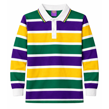 Adult Mardi Gras Striped Rugby Polo Long Sleeve with White Collar - Mardi Gras Apparel - Adult Unisex, Button Up, Collared - Rugby Polo