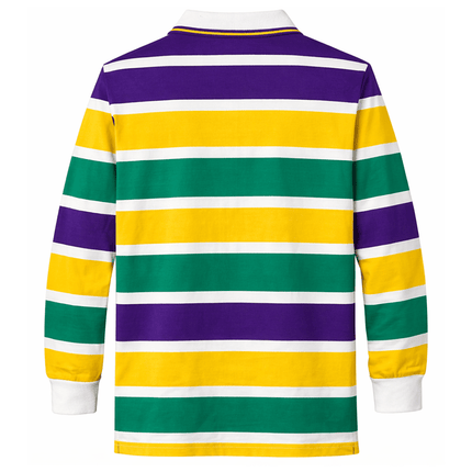 Adult Mardi Gras Striped Rugby Polo Long Sleeve with White Collar - Mardi Gras Apparel - Adult Unisex, Button Up, Collared - Rugby Polo