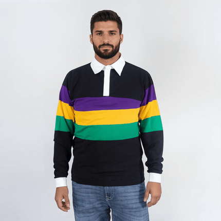 Adult Mardi Gras Unisex 3 Panel Long Sleeve Rugby Polo Black - Mardi Gras Apparel - Adult Unisex, Black, Button Up - Rugby Polo