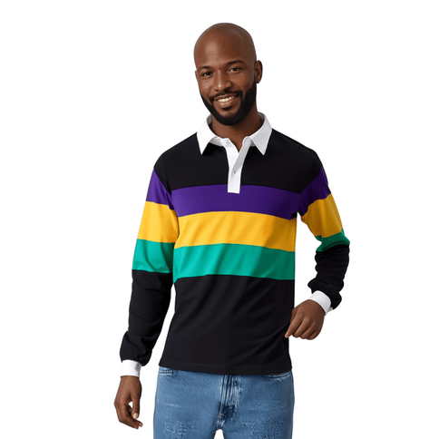 Adult Mardi Gras Unisex 3 Panel Long Sleeve Rugby Polo Black - Mardi Gras Apparel - Adult Unisex, Black, Button Up - Rugby Polo