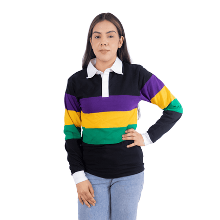 Adult Mardi Gras Unisex 3 Panel Long Sleeve Rugby Polo Black - Mardi Gras Apparel - Adult Unisex, Black, Button Up - Rugby Polo