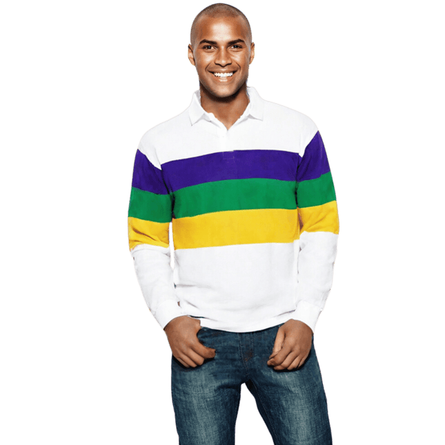 Adult Mardi Gras Unisex 3 Panel Long Sleeve Rugby Polo White - Mardi Gras Apparel - Adult Unisex, Button Up, Collared - Rugby Polo