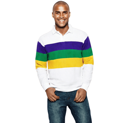 Adult Mardi Gras Unisex 3 Panel Long Sleeve Rugby Polo White - Mardi Gras Apparel - Adult Unisex, Button Up, Collared - Rugby Polo