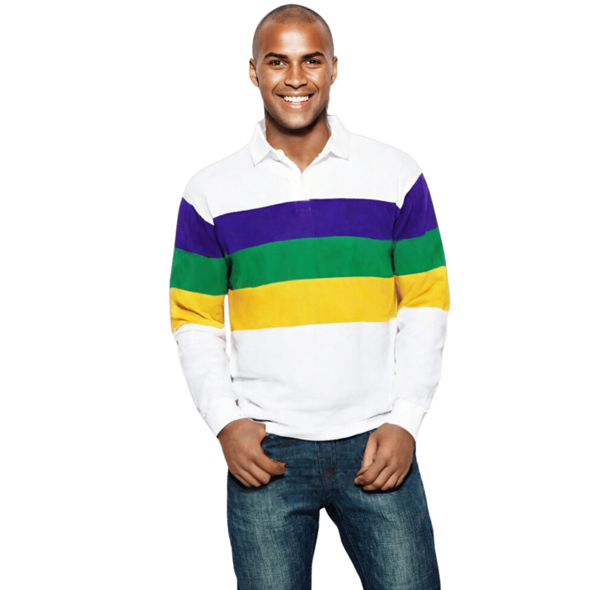 Adult Mardi Gras Unisex 3 Panel Long Sleeve Rugby Polo White Adult XL