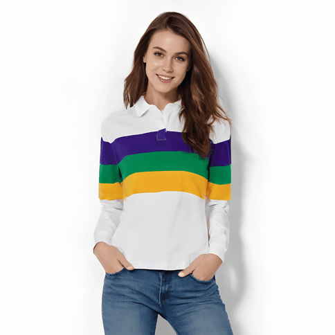 Adult Mardi Gras Unisex 3 Panel Long Sleeve Rugby Polo White - Mardi Gras Apparel - Adult Unisex, Button Up, Collared - Rugby Polo