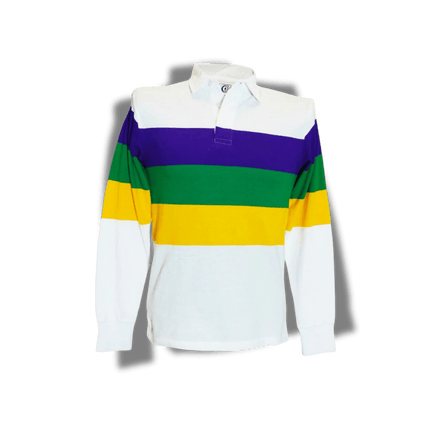 Adult Mardi Gras Unisex 3 Panel Long Sleeve Rugby Polo White - Mardi Gras Apparel - Adult Unisex, Button Up, Collared - Rugby Polo