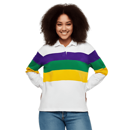 Adult Mardi Gras Unisex 3 Panel Long Sleeve Rugby Polo White - Mardi Gras Apparel - Adult Unisex, Button Up, Collared - Rugby Polo