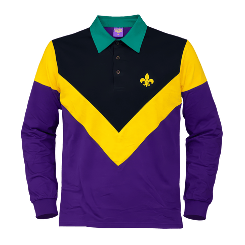Adult Mardi Gras Unisex Color - Block Chevron Rugby Polo Long Sleeve - Mardi Gras Apparel - Adult Unisex, Button Up, Collared - Rugby Polo
