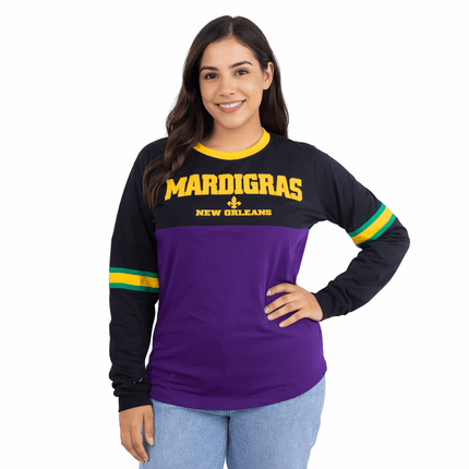 Adult Mardi Gras Unisex Long Sleeve Raglan Tee Purple & Black - Mardi Gras Apparel - Adult Unisex, apparel discount tier, Back Design - Raglan Long Sleeve Tee