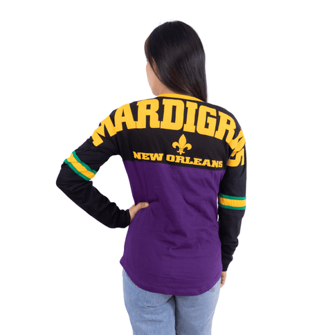 Adult Mardi Gras Unisex Long Sleeve Raglan Tee Purple & Black - Mardi Gras Apparel - Adult Unisex, Back Design, Crew Neck - Raglan Long Sleeve Tee