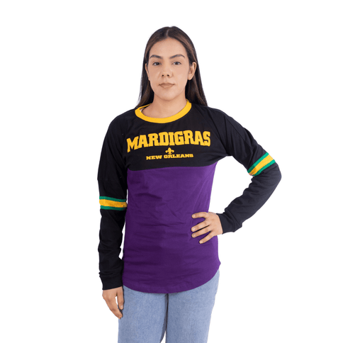 Adult Mardi Gras Unisex Long Sleeve Raglan Tee Purple & Black - Mardi Gras Apparel - Adult Unisex, Back Design, Crew Neck - Raglan Long Sleeve Tee