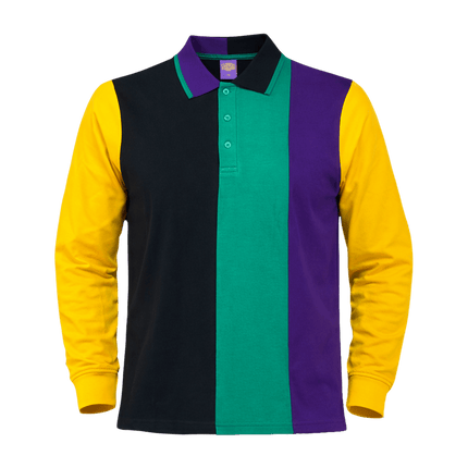 Adult Mardi Gras Vertical Color - Block Long Sleeve Rugby Polo - Mardi Gras Apparel - Adult Unisex, Button Up, Collared - Rugby Polo