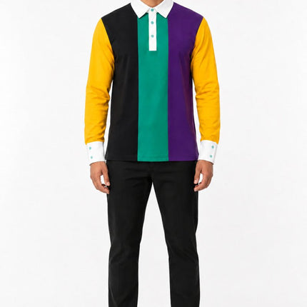 Adult Mardi Gras White Collar Vertical Panel Rugby Polo - Mardi Gras Apparel - Adult Unisex, Button Up, Collared - Rugby Polo