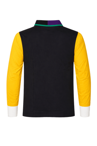 Adult Mardi Gras White Collar Vertical Panel Rugby Polo - Mardi Gras Apparel - Adult Unisex, Button Up, Collared - Rugby Polo