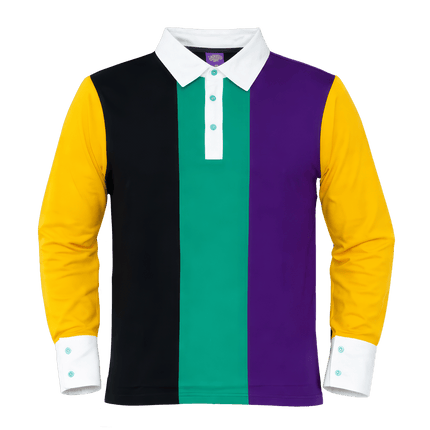 Adult Mardi Gras White Collar Vertical Panel Rugby Polo - Mardi Gras Apparel - Adult Unisex, Button Up, Collared - Rugby Polo