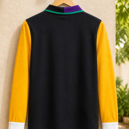 Adult Mardi Gras White Collar Vertical Panel Rugby Polo - Mardi Gras Apparel - Adult Unisex, Button Up, Collared - Rugby Polo