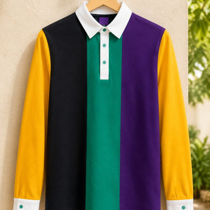 Adult Mardi Gras White Collar Vertical Panel Rugby Polo - Mardi Gras Apparel - Adult Unisex, Button Up, Collared - Rugby Polo