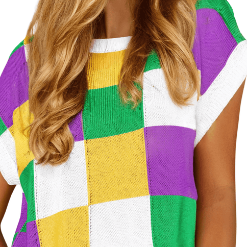 Adult Tillandsia Purple Color Block Cap Sleeve Sweater - Mardi Gras Apparel - Adult, Ladies, Short Sleeve - Sweater