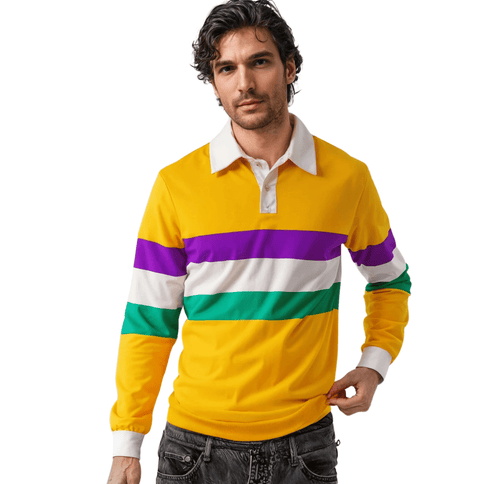 Adult Unisex 3 Panel Long Sleeve - Mardi Gras Apparel - Adult, Adult Unisex, Button Up - Long Sleeve Rugby Polo