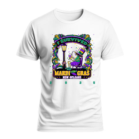 Adult Unisex I Survived Mardi Gras New Orleans 2025 White T-Shirt - Mardi Gras Apparel - 100% Cotton, Adult, G5000 Chart - Tee - Shirt