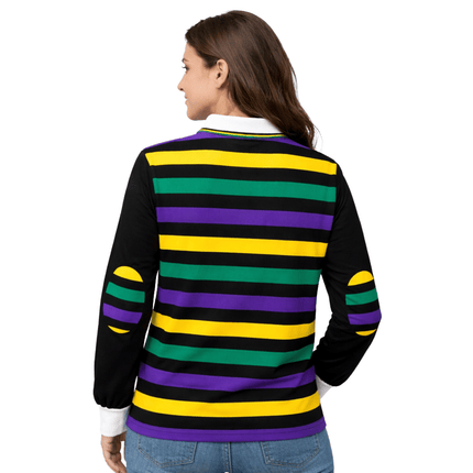 Adult Unisex Mardi Gras Black Long Sleeve Striped Rugby Polo - Mardi Gras Apparel - Adult Unisex, Green, Long Sleeve - Long Sleeve Rugby Polo
