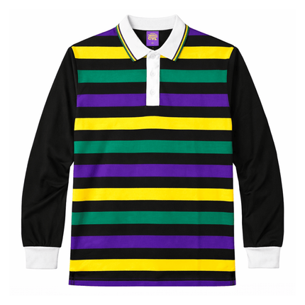 Adult Unisex Mardi Gras Black Long Sleeve Striped Rugby Polo - Mardi Gras Apparel - Adult Unisex, Green, Long Sleeve - Long Sleeve Rugby Polo