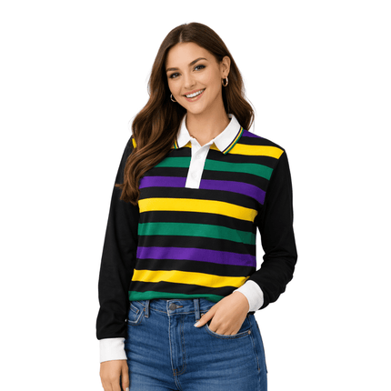 Adult Unisex Mardi Gras Black Long Sleeve Striped Rugby Polo - Mardi Gras Apparel - Adult Unisex, Green, Long Sleeve - Long Sleeve Rugby Polo