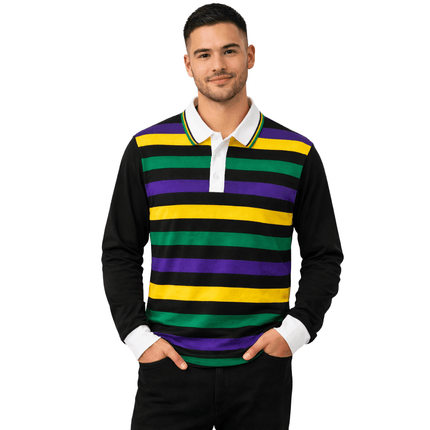 Adult Unisex Mardi Gras Black Long Sleeve Striped Rugby Polo - Mardi Gras Apparel - Adult Unisex, Green, Long Sleeve - Long Sleeve Rugby Polo