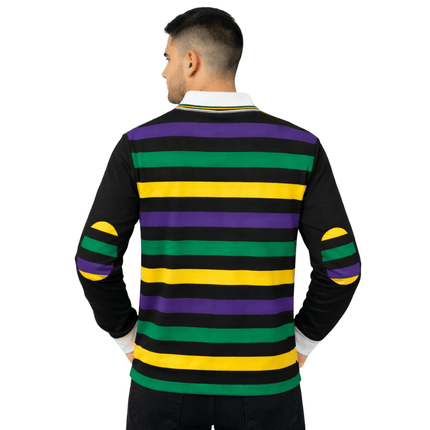 Adult Unisex Mardi Gras Black Long Sleeve Striped Rugby Polo - Mardi Gras Apparel - Adult Unisex, Green, Long Sleeve - Long Sleeve Rugby Polo