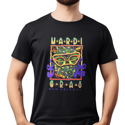 Adult Unisex Mardi Gras Confetti Mask Black Tee - Shirt - Mardi Gras Apparel - 100% Cotton, Adult, G5000 Chart - Tee - Shirt